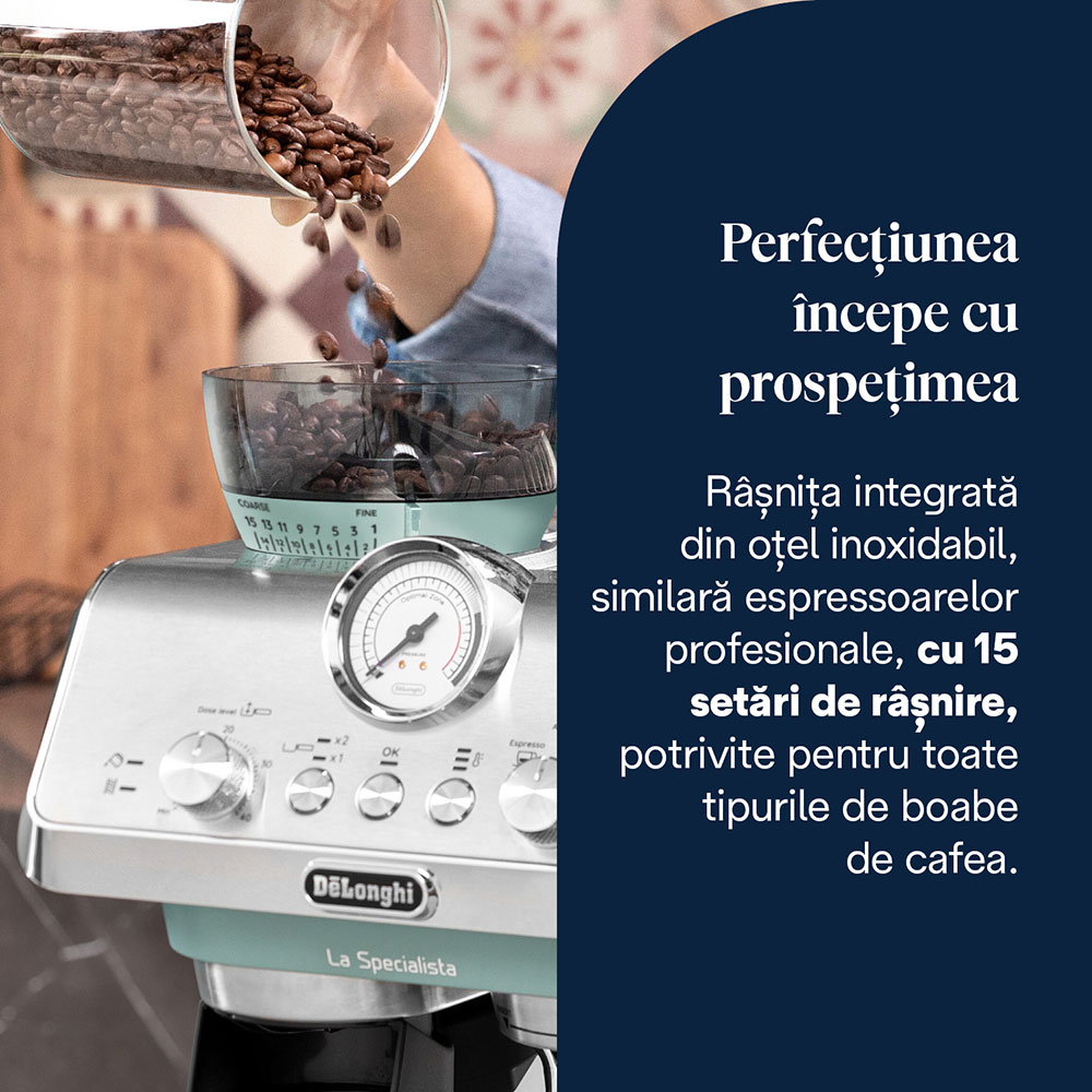 Espressor semi-automat DELONGHI La Specialista Arte EC9155.GR, 1.5l, 1300W, 15 bar, functia Active Temperature Control, verde-argintiu