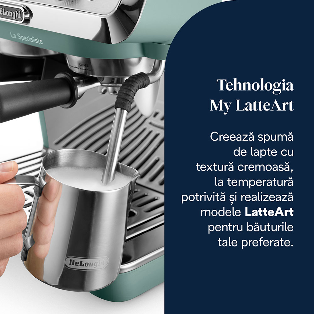 Espressor semi-automat DELONGHI La Specialista Arte EC9155.GR, 1.5l, 1300W, 15 bar, functia Active Temperature Control, verde-argintiu