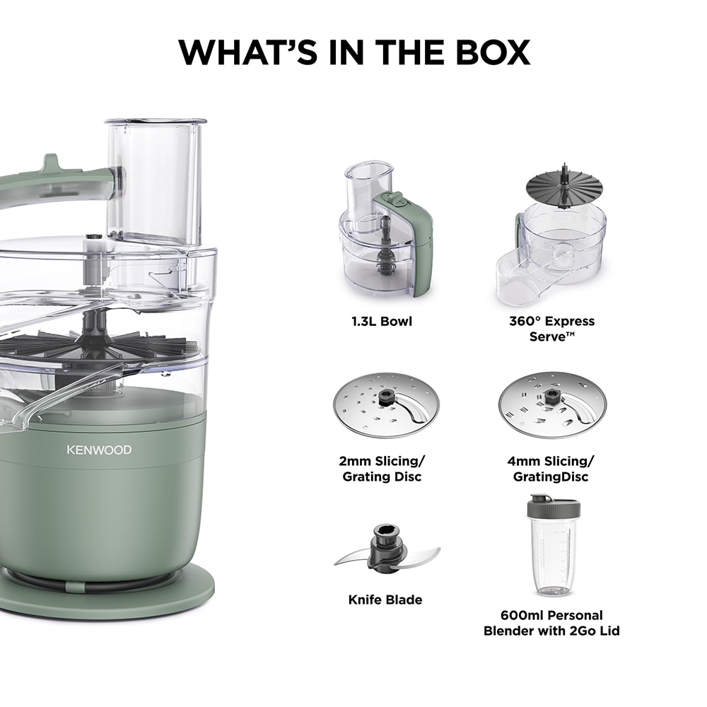Robot de bucatarie KENWOOD MultiPro Go FDP23.380GR, vas 1.3l, blender 0.6l, 900W, 2 trepte viteza, verde