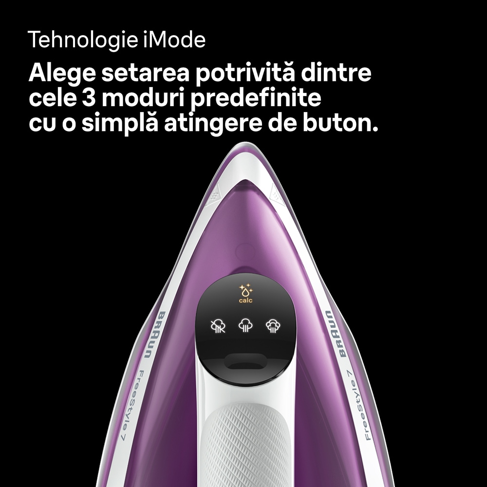 Fier de calcat BRAUN FreeStyle 7 FI7215VI, 2000W, 230g/min, 350ml, talpa EloxalPlus, alb-violet
