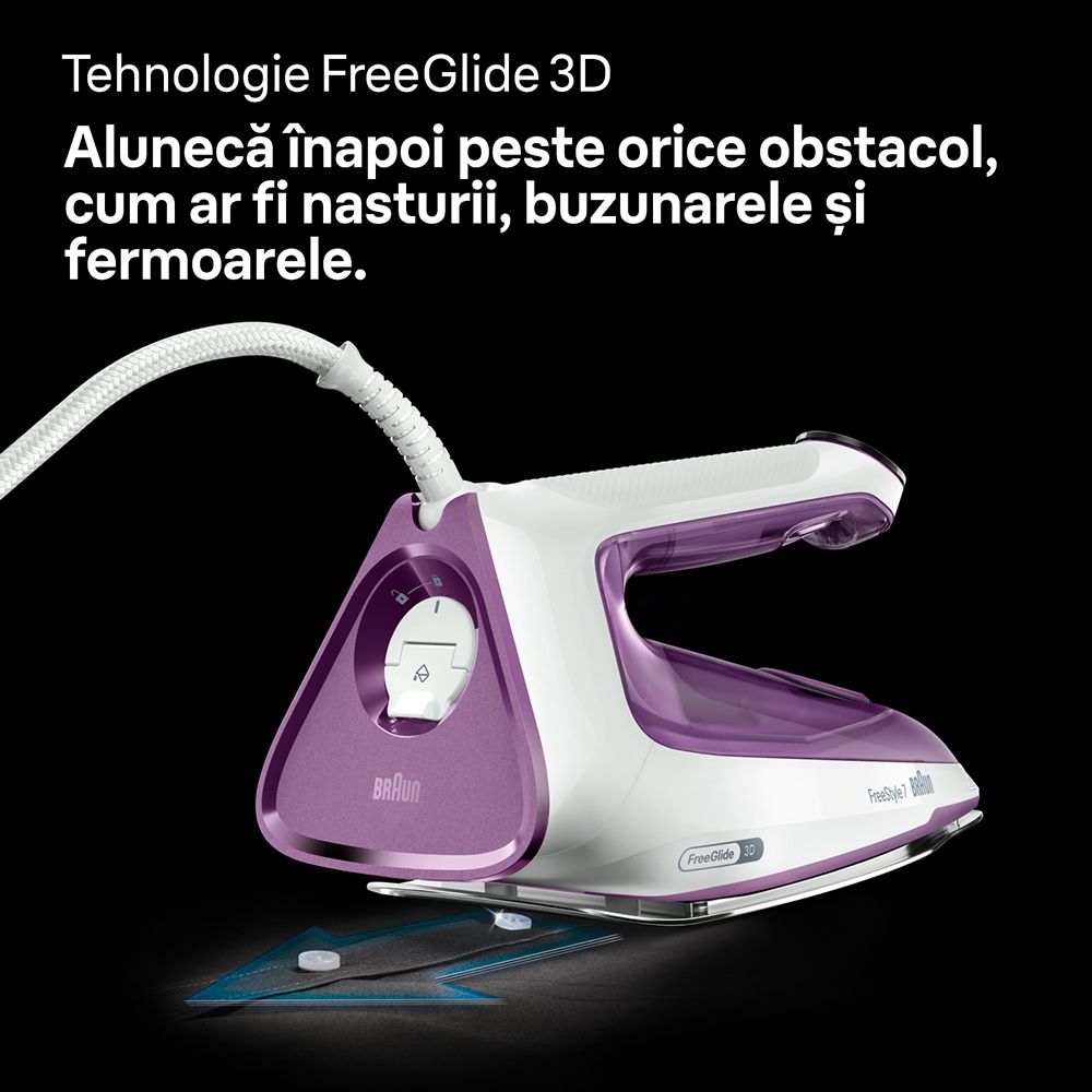 Fier de calcat BRAUN FreeStyle 7 FI7215VI, 2000W, 230g/min, 350ml, talpa EloxalPlus, alb-violet