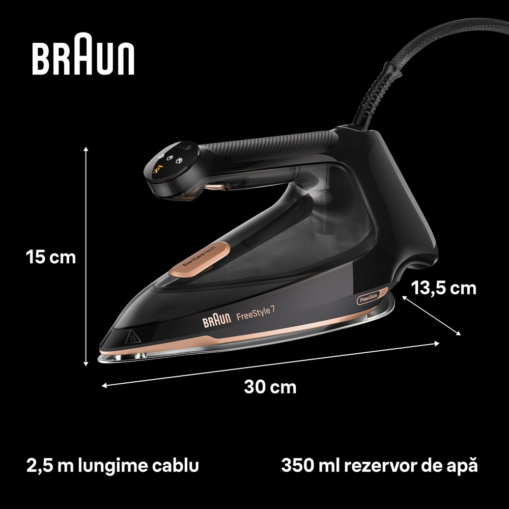 Fier de calcat BRAUN FreeStyle 7 FI7276BK, 2000W, 250g/min, 350ml, talpa EloxalPlus, negru