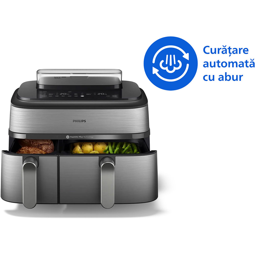 Friteuza cu aer cald dubla PHILIPS Seria 5000 NA555/00, 3kg, 9l, 2750W, functie Air Steam, argintiu-negru