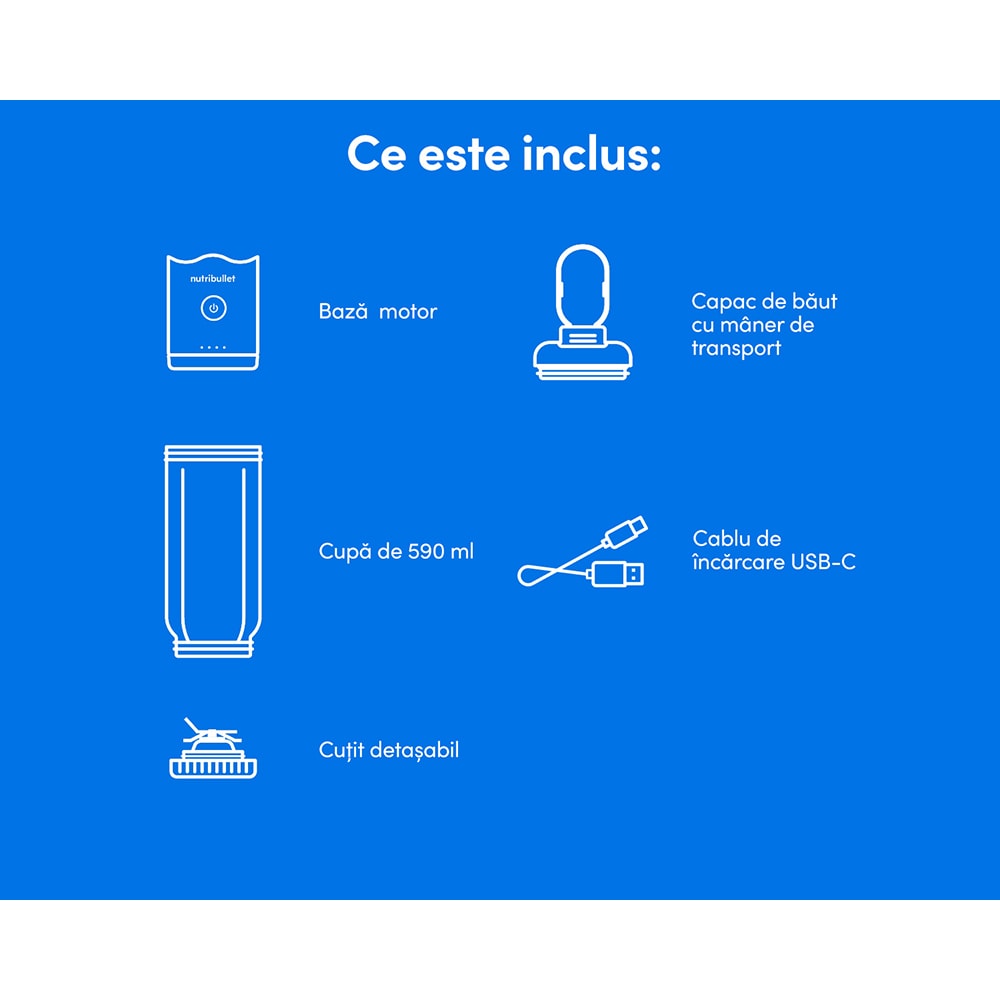 Blender portabil NUTRIBULLET Flex NBP013BL, 0.59l, 1 treapta viteza, USB-C, albastru