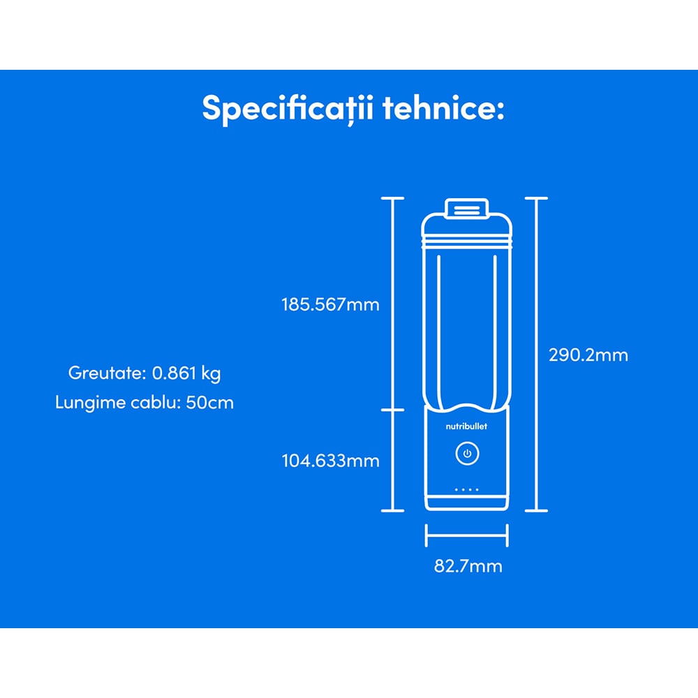 Blender portabil NUTRIBULLET Flex NBP013BL, 0.59l, 1 treapta viteza, USB-C, albastru