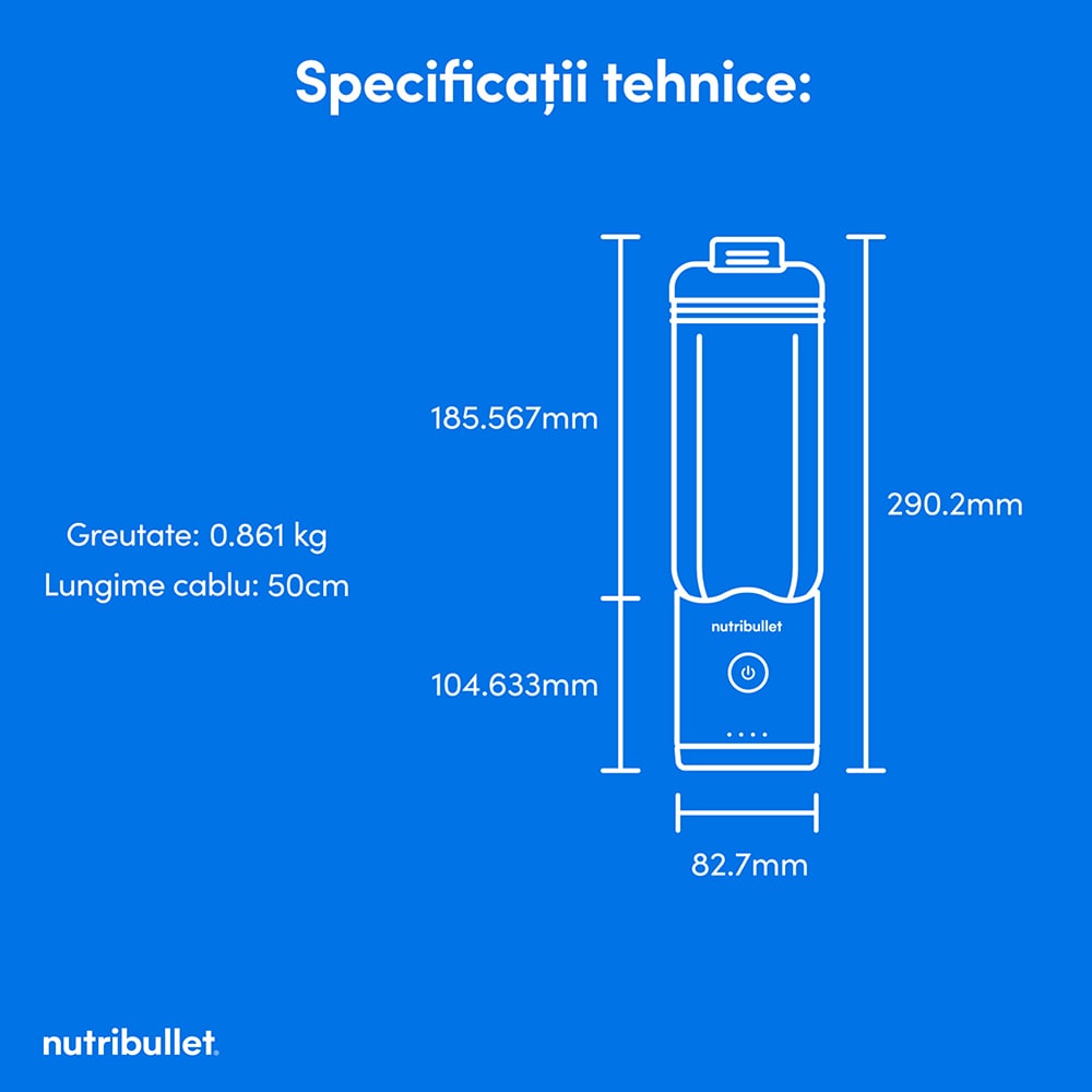 Blender portabil NUTRIBULLET Flex NBP013GM, 0.59l, 1 treapta viteza, USB-C, gri