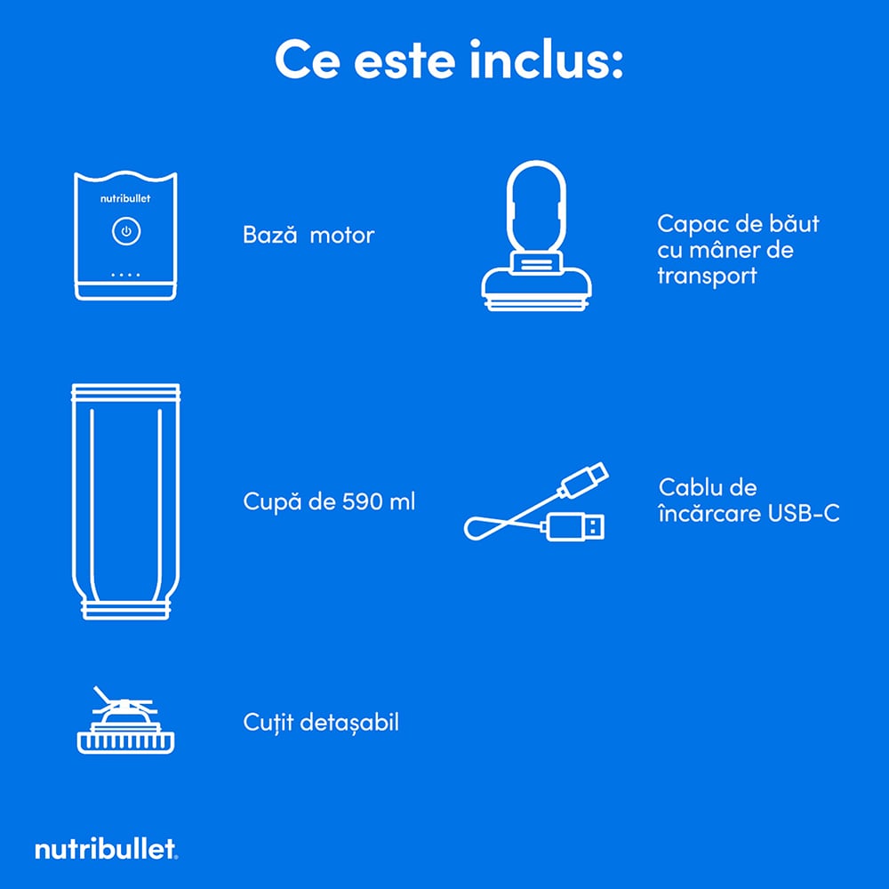 Blender portabil NUTRIBULLET Flex NBP013VT, 0.59l, 1 treapta viteza, USB-C, mov