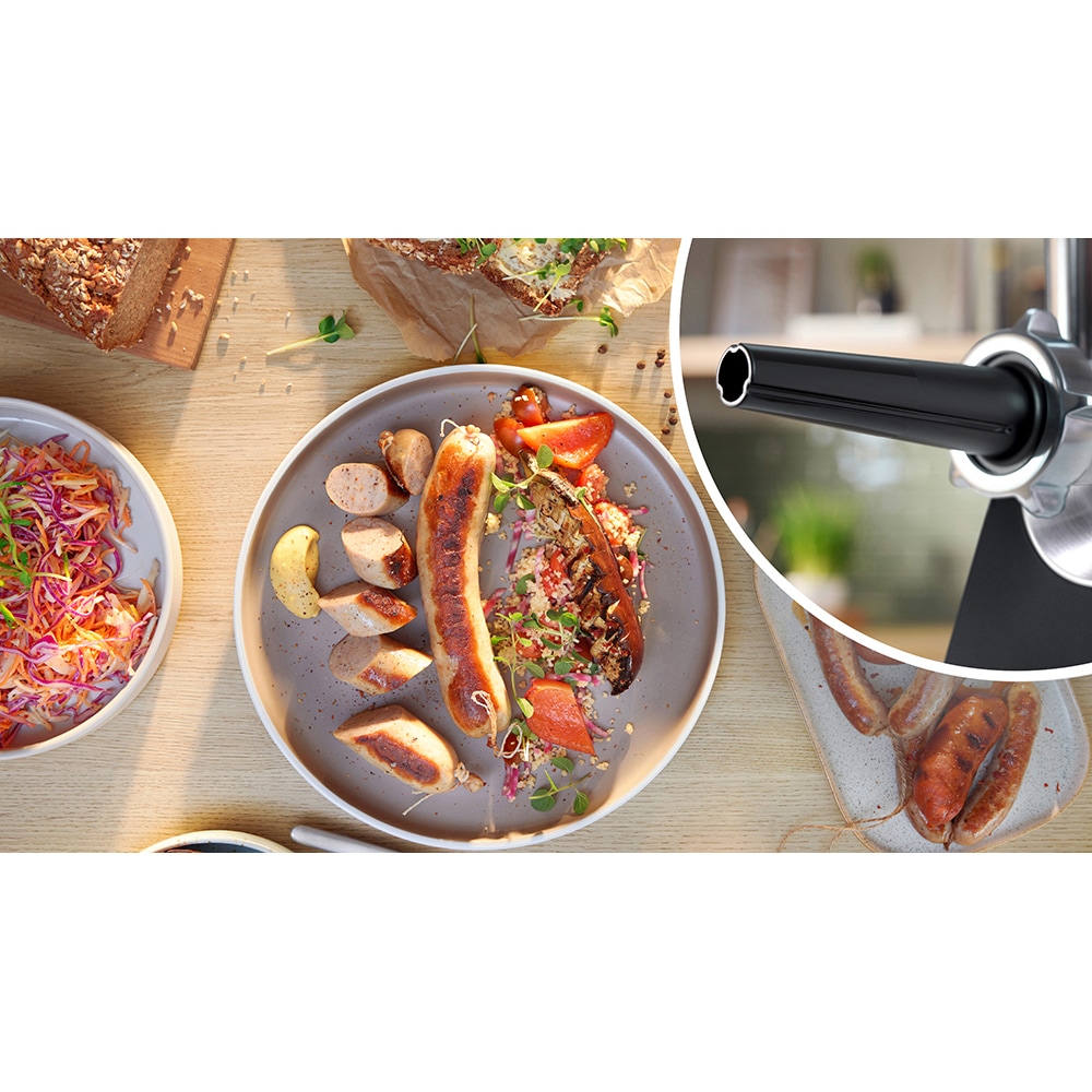Masina de tocat carne BOSCH ProPower MFWS682B, 3.5kg/min, 2100W, accesoriu carnati/fursecuri/storcator citrice, negru-argintiu