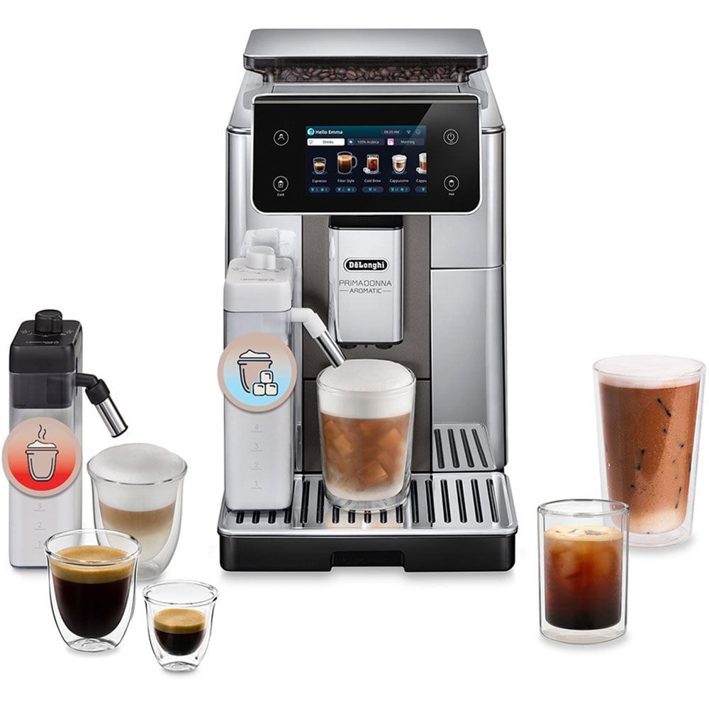 Espressor automat DELONGHI PrimaDonna Aromatic ECAM630.75.TSM, 2.2l, 1450W, 19 bar, 35 de bauturi calde si reci, argintiu