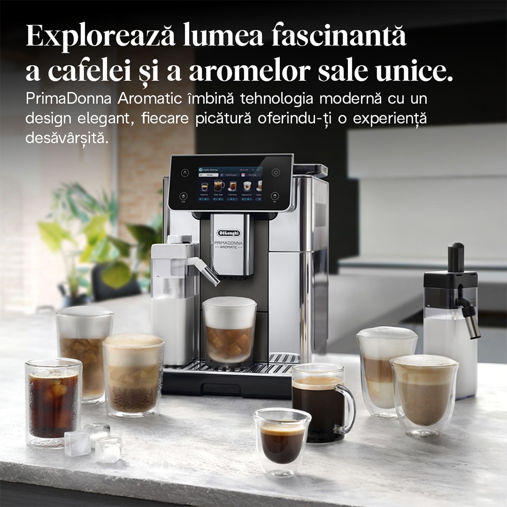 Espressor automat DELONGHI PrimaDonna Aromatic ECAM630.75.TSM, 2.2l, 1450W, 19 bar, 35 de bauturi calde si reci, argintiu