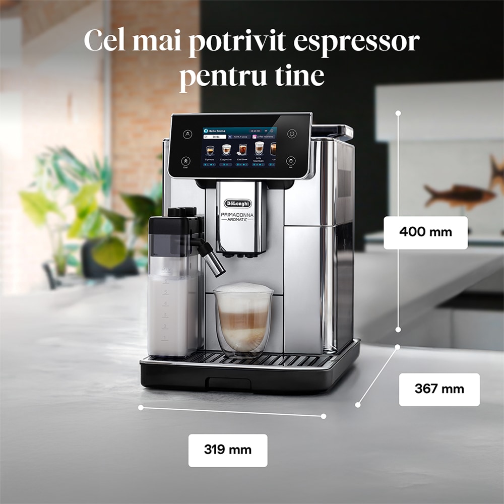 Espressor automat DELONGHI PrimaDonna Aromatic ECAM630.75.TSM, 2.2l, 1450W, 19 bar, 35 de bauturi calde si reci, argintiu