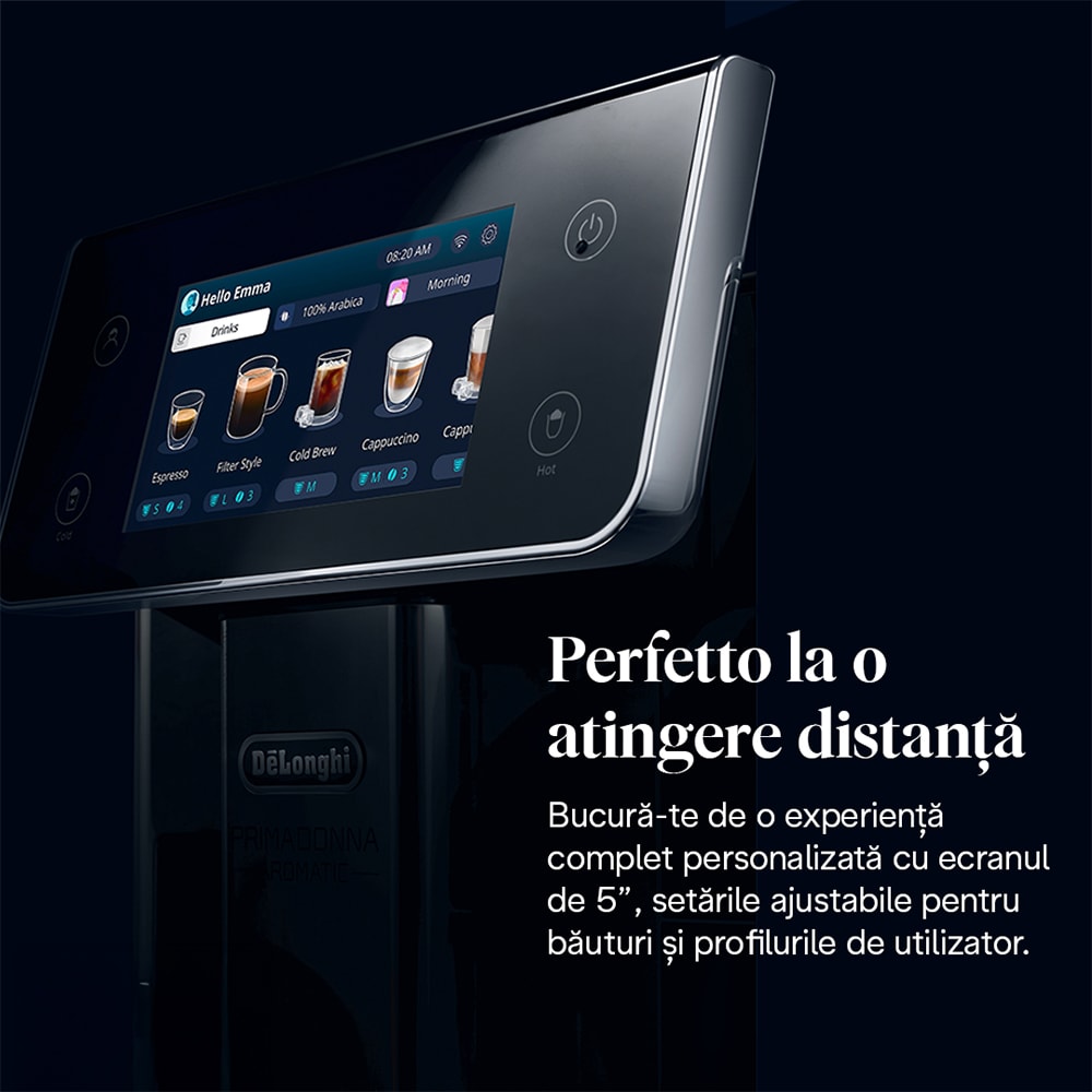 Espressor automat DELONGHI PrimaDonna Aromatic ECAM630.75.TSM, 2.2l, 1450W, 19 bar, 35 de bauturi calde si reci, argintiu