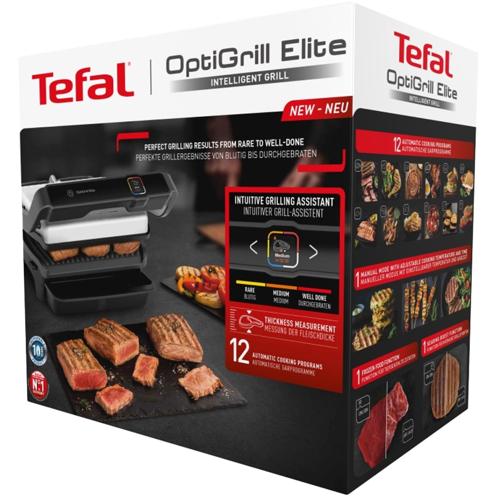 Gratar electric TEFAL OptiGrill Elite GC750D30, 2000W, 12 programe automate, argintiu-negru