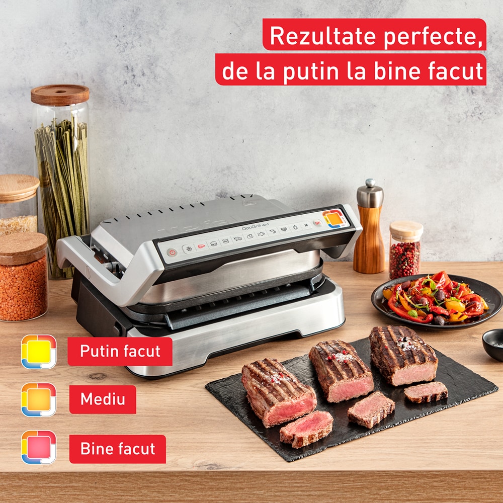Gratar electric TEFAL OptiGrill 2in1 GC772D30, 9 programe, 2100W, argintiu-negru