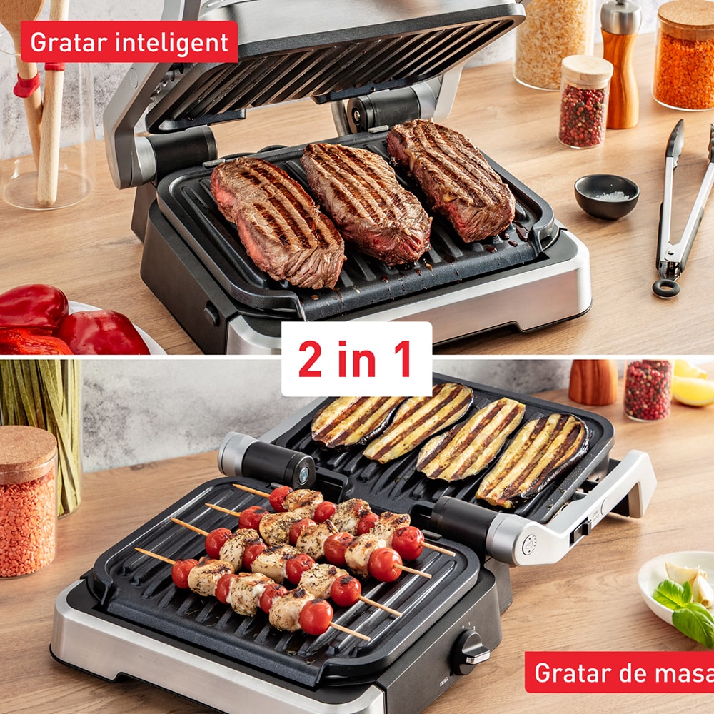 Gratar electric TEFAL OptiGrill 2in1 GC772D30, 9 programe, 2100W, argintiu-negru