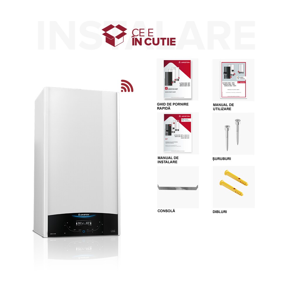 Centrala termica pe gaz in condensare ARISTON Genus One+, 35 kW, WiFi, Schimbator de caldura inox, Kit evacuare inclus, 3+2 ani extragarantie