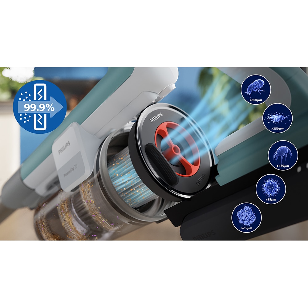 Aspirator vertical PHILIPS PowerUp 2 XC2233/10, 0.61l, autonomie max 50 min, Tehnologie PowerUp, verde deschis-argintiu