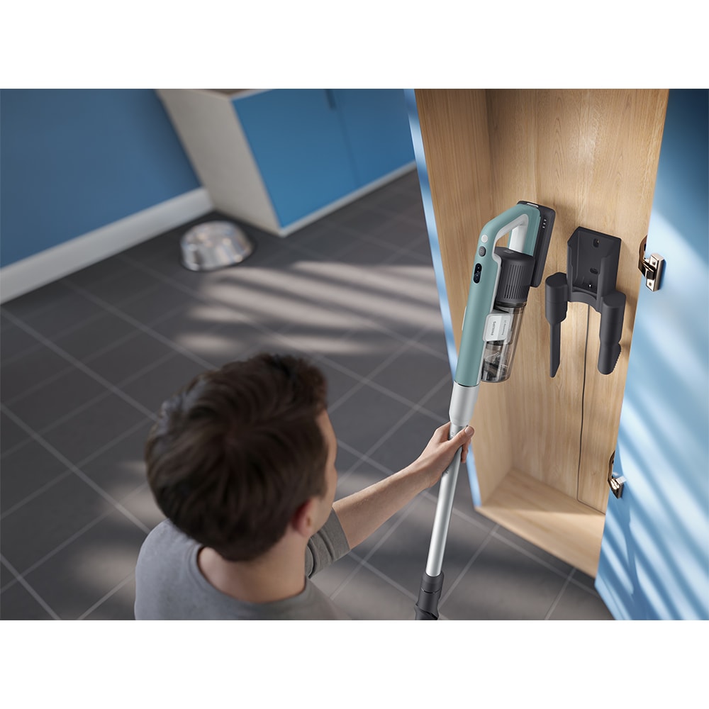 Aspirator vertical PHILIPS PowerUp 2 XC2233/10, 0.61l, autonomie max 50 min, Tehnologie PowerUp, verde deschis-argintiu