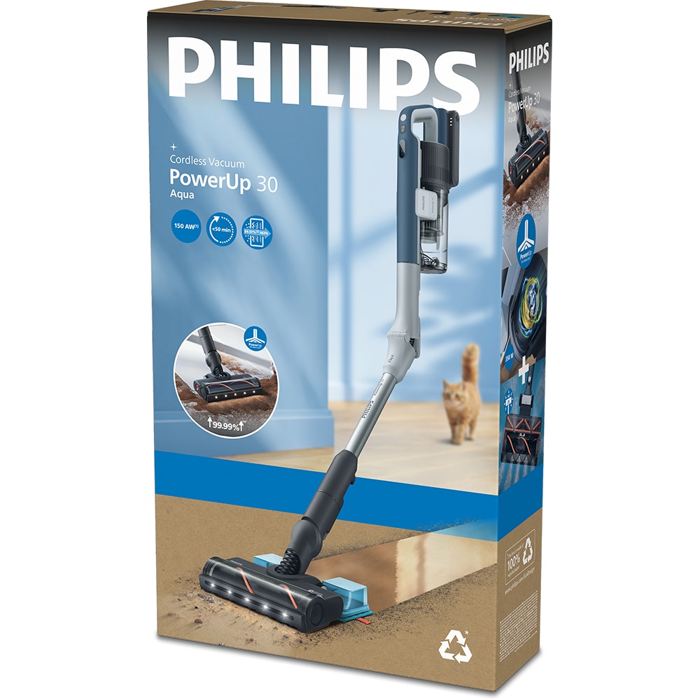 Aspirator vertical PHILIPS PowerUp 3 Aqua XC3363/10, 0.61l, autonomie max 50 min, Tehnologie PowerUp, albastru inchis