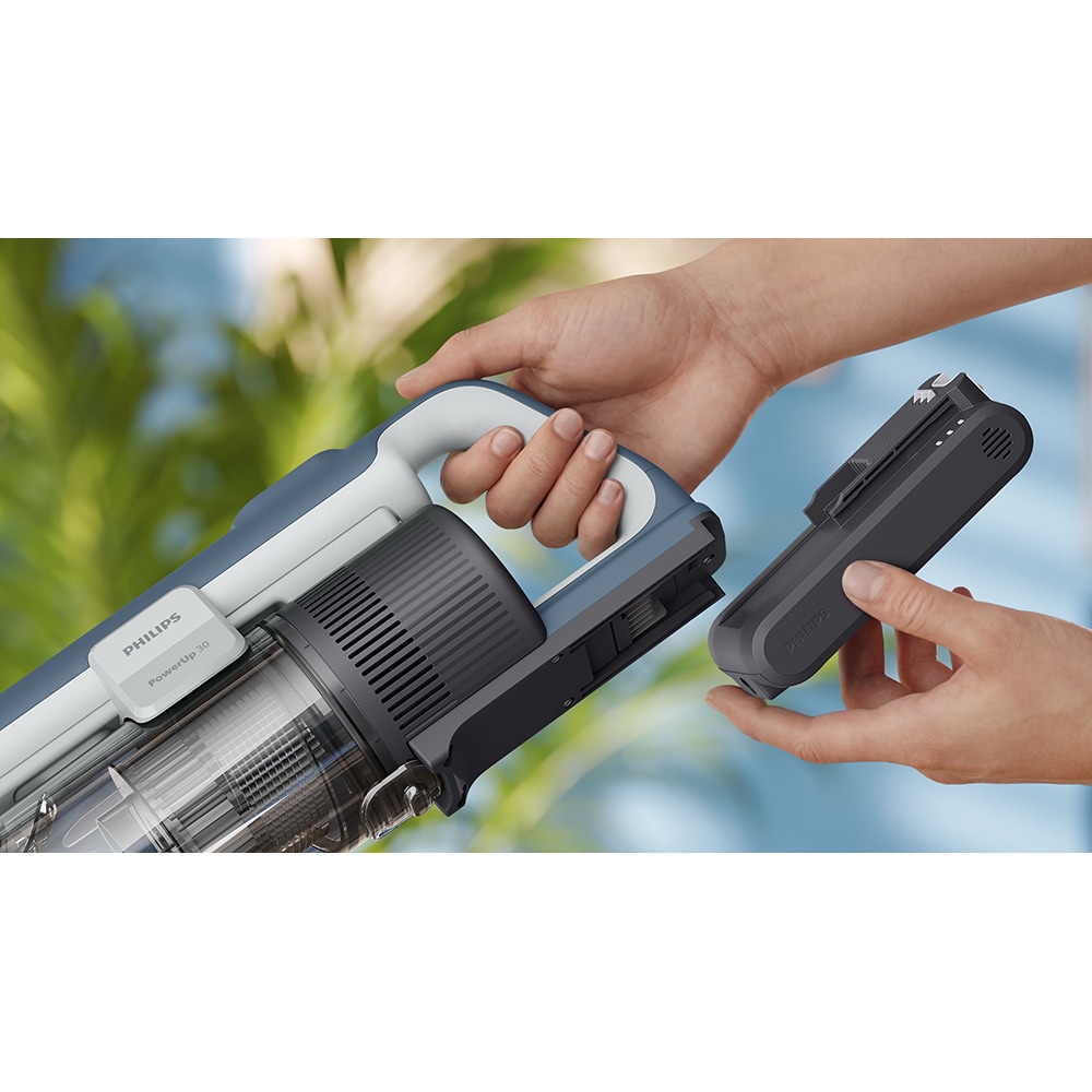 Aspirator vertical PHILIPS PowerUp 3 Aqua XC3363/10, 0.61l, autonomie max 50 min, Tehnologie PowerUp, albastru inchis