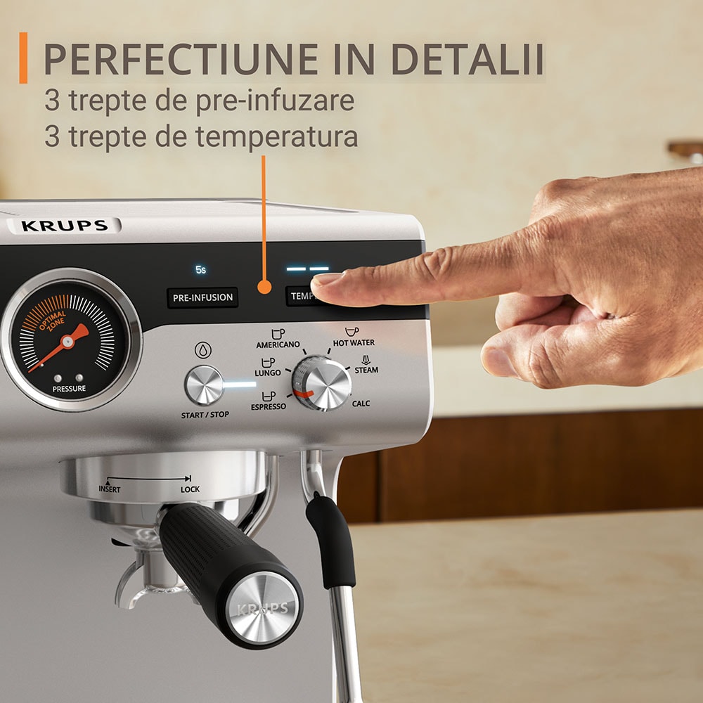 Espressor manual KRUPS Precision XP804T10, 3.5l, 15 bar, sistem Thermoblock, negru-argintiu