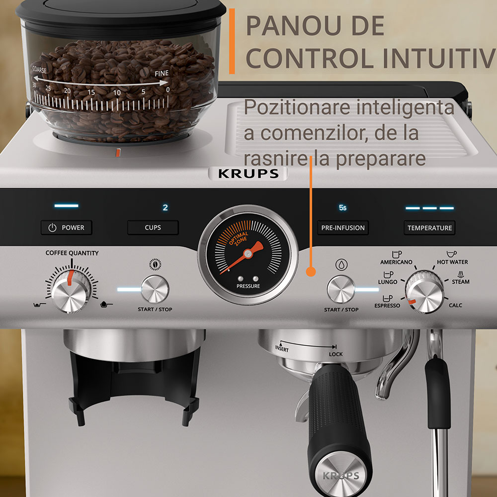 Espressor manual KRUPS Precision XP804T10, 3.5l, 15 bar, sistem Thermoblock, negru-argintiu