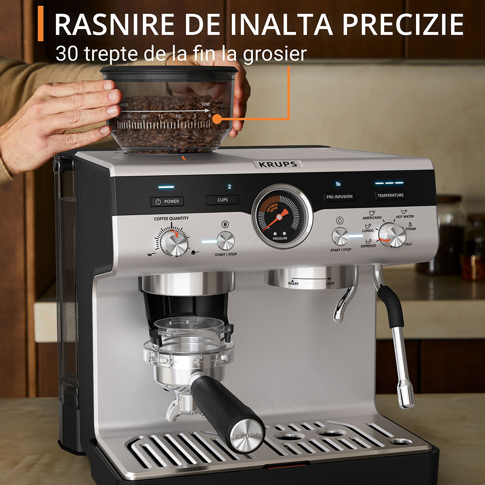 Espressor manual KRUPS Precision XP804T10, 3.5l, 15 bar, sistem Thermoblock, negru-argintiu