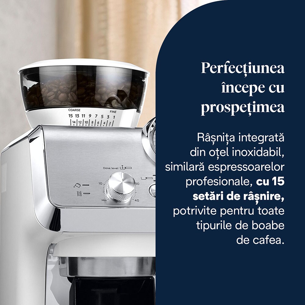 Espressor semi-automat DELONGHI La Specialista Arte EC9155.W, 1.5l, 1300W, 15 bar, functia Active Temperature Control, alb-argintiu