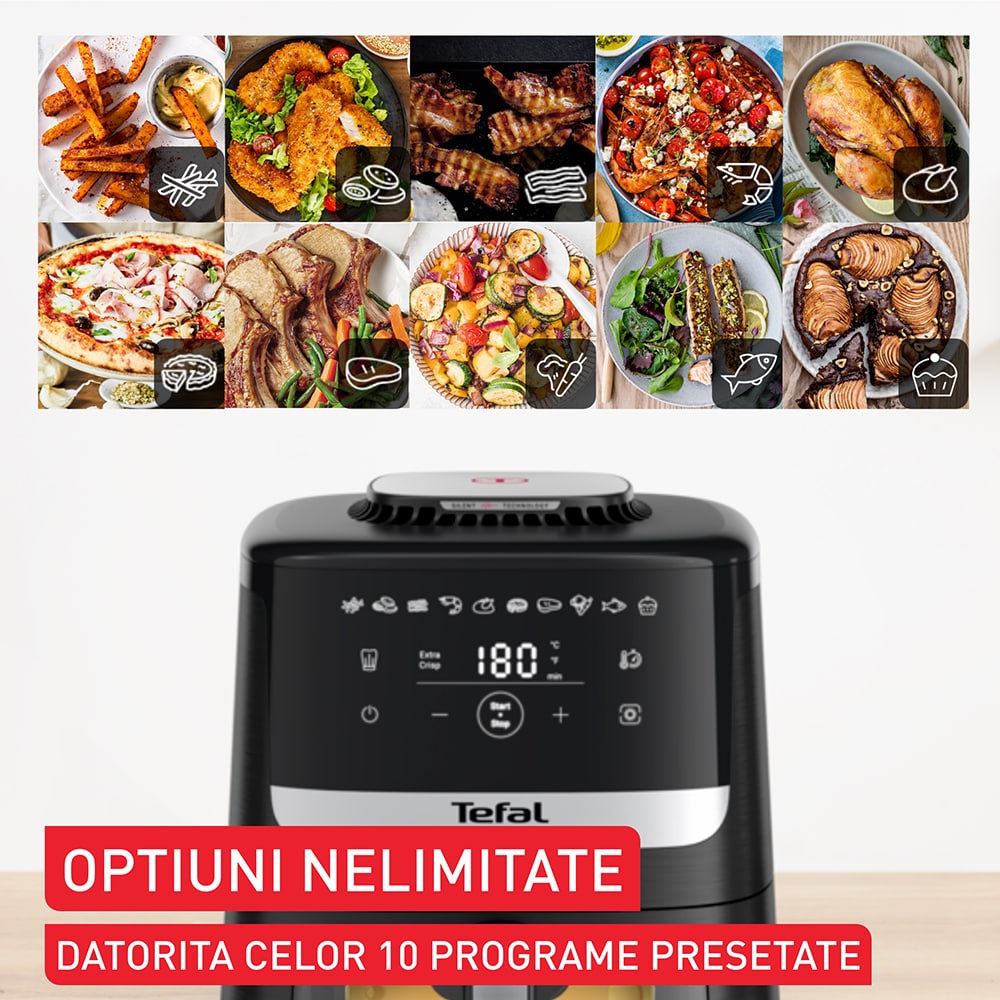 Friteuza cu aer cald TEFAL Easy Fry Silence EY5568E0, 1.5kg, 5l, 1670W, argintiu-negru