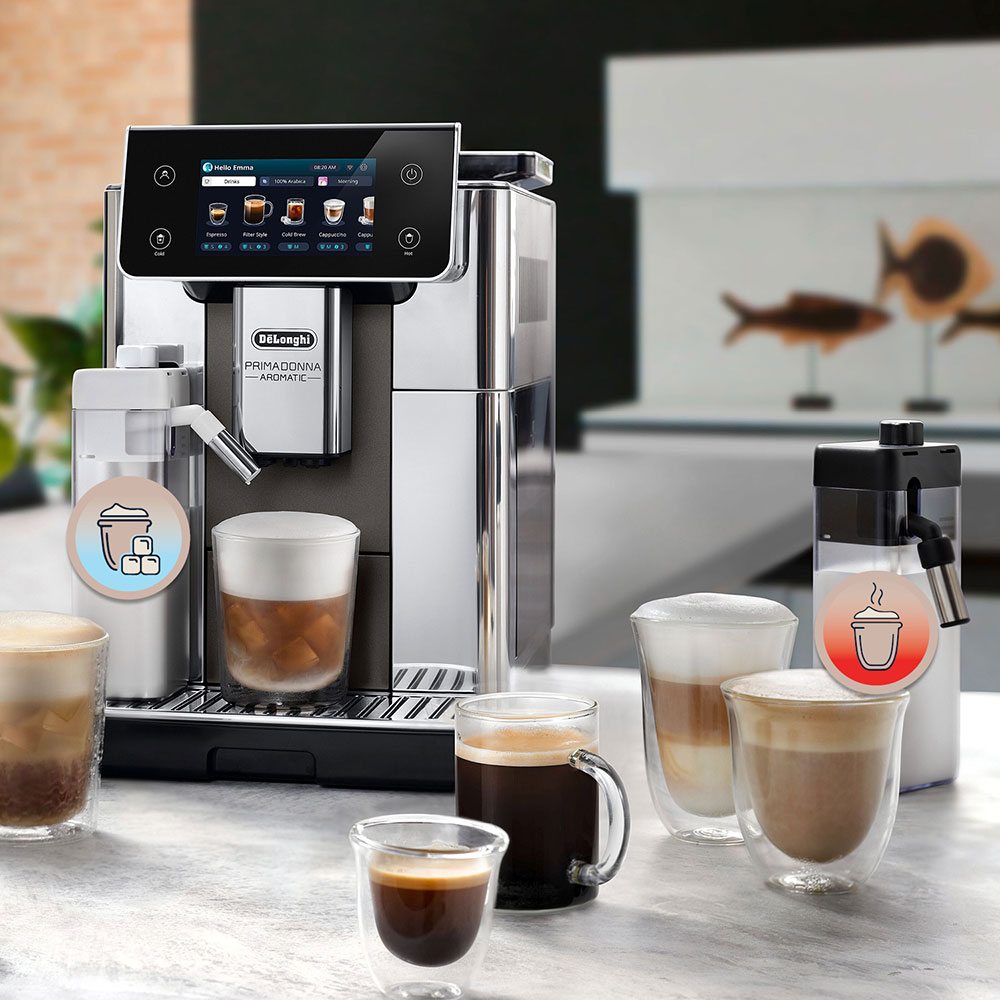 Espressor automat DELONGHI PrimaDonna Aromatic ECAM630.75.TSM, 2.2l, 1450W, 19 bar, 35 de bauturi calde si reci, argintiu