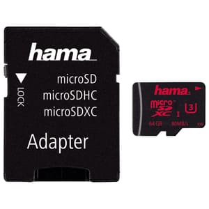 Card de memorie HAMA 123979 microSDXC, 64GB, Clasa UHS-I 3, 80MBs, adaptor