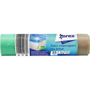 Saci menajeri cu snur ZOREX Clasic, HDPE, 15 bucati, 35 l, verde