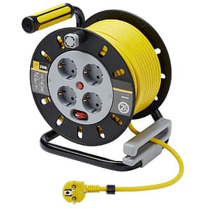 Prelungitor DIALL H05VV-F, 4 prize Schuko, 25 m, 1.5 mm, cu tambur, negru