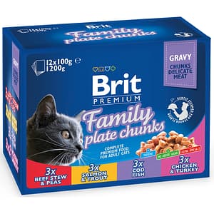 Hrana umeda pentru pisici BRIT Premium Family plate chunks, Adult, Mix, 12 x 100g