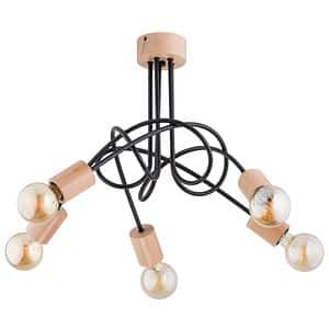 Plafoniera, 5 x 60 W, negru, otel si lemn  Alfa Tango