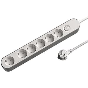 Prelungitor JACOBSEN, 6 prize Schuko, 3 m, 1.5 mm cu intrerupator, alb/gri
