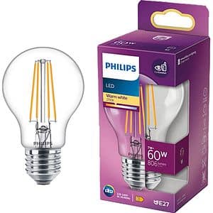 Bec filament PHILIPS Clear A60, E27, 7W, 806lm, lumina calda