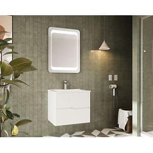 Set mobilier baie Rio, lavoar si oglinda LED, MDF si ceramica, 60 cm, alb
