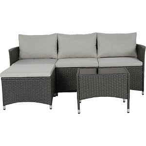 Set canapea modulara si masa pentru terasa DERRY, perne incluse, ratan si sticla, 4 piese, negru-bej