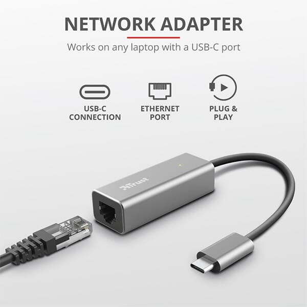 Adaptor USB-C - Ethernet TRUST Dalyx 23771, Gigabit, gri