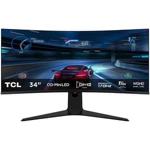 Monitor curbat Mini LED Fast HVA TCL 34R83Q, 34", WQHD, 170Hz, FreeSync Premium, HDR, boxe, alb-negru