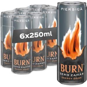 Bautura energizanta BURN Piersica Zero Zahar bax 0.25L x 6 doze