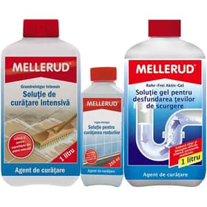 Pachet MELLERUD: Solutie de curatare intensiva, 1 l + Gel pentru desfundarea tevilor, 1 l + Solutie pentru curatarea rosturilor, 250 ml