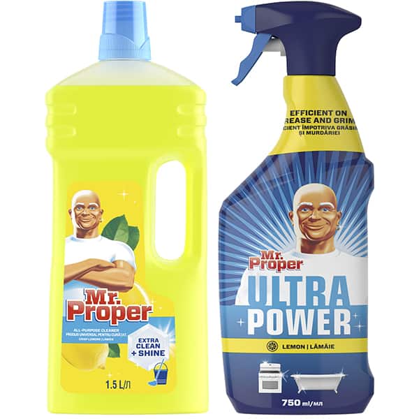 Pachet detergent universal pentru suprafete MR. PROPER Lemon, 1.5L + Detergent universal MR. PROPER Ultra Power Spray Lemon, 750ml