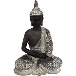 Statueta decorativa Buddha, rasina, 11 x 20 x 28 cm, argintiu