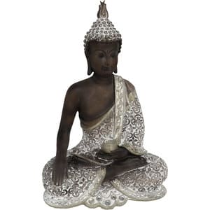 Statueta decorativa Buddha, rasina, 14 x 23 x 35 cm, argintiu