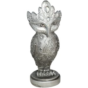 Statueta decorativa Bufnita, rasina ABS, 11 x 13 x 28 cm, argintiu