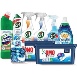 Pachet detergenti pentru curatenia casei OMO + COCCOLINO + CIF + DOMESTOS, 9 bucati + ursulet cadou