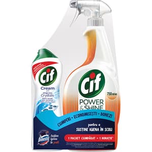 Pachet Solutie de curatare bucatarie CIF Power & Shine Spray Degresant, 750 ml + CIF Crema Original, 250 ml