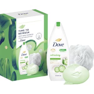 Set cadou DOVE Refreshing: Gel de dus, 250ml + Sapun, 90g + burete de baie